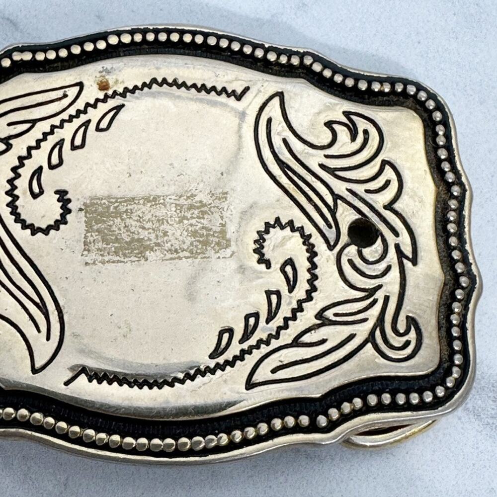 Vintage Western Belt Buckle Gold Tone Black Enamel Scrollwork Bead Dot Border ✨ - Picture 3 of 11